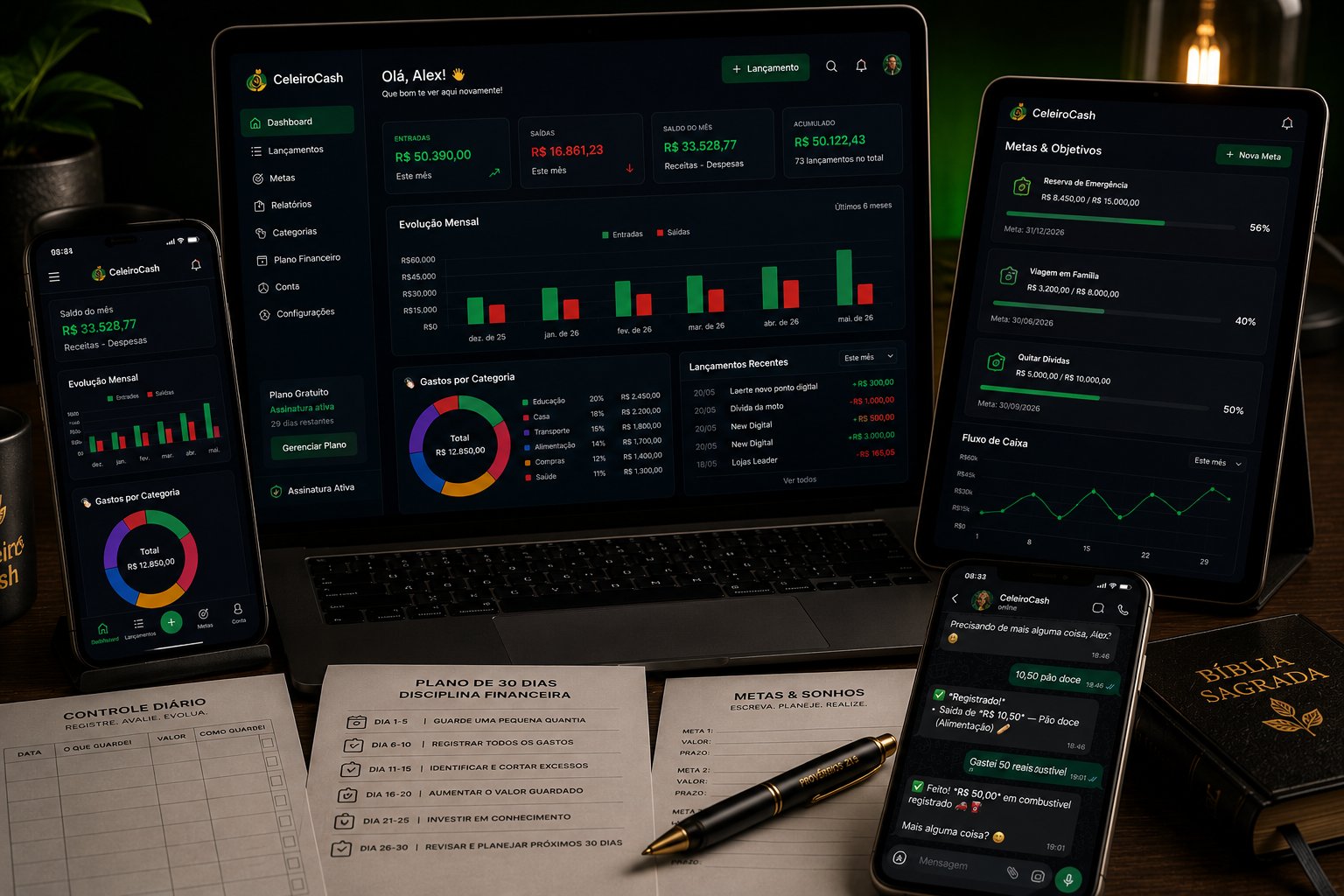 CeleiroCash, sistema completo de discipulado financeiro: dashboard web, app mobile, WhatsApp e materiais impressos
